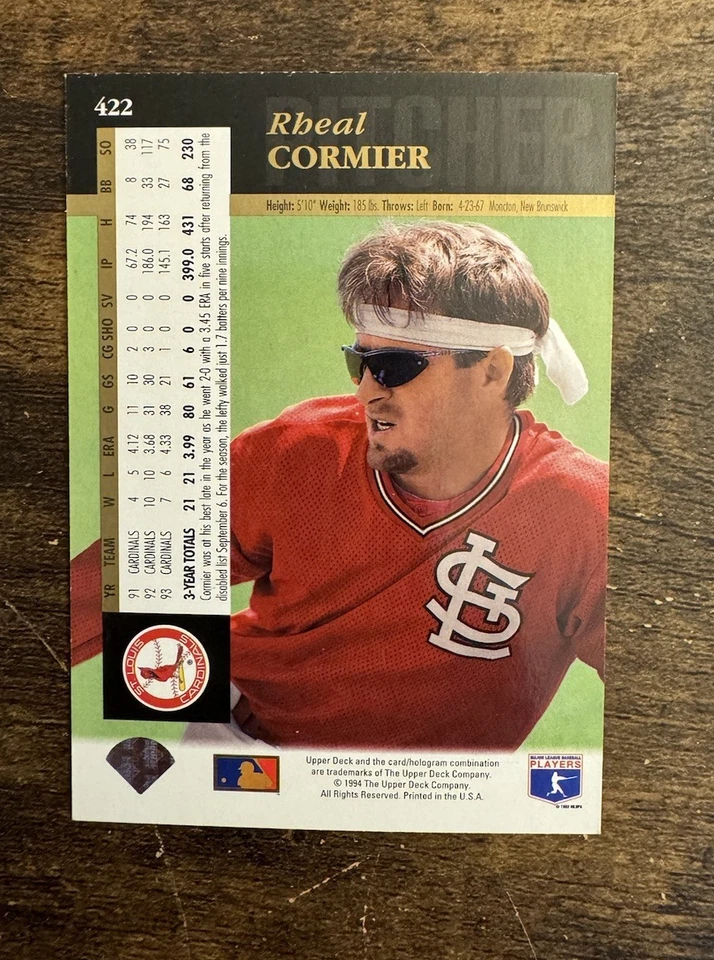 Upper Deck1994 Rheal Cormier P #422 St. Louis Cardinals Baseball Card - Image 2 of 2