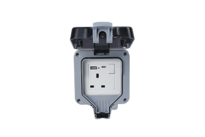 Einzelne wetterfeste geschaltete 1-fache Außensteckdose mit USB-A & USB-C