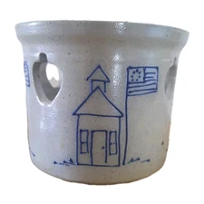 DAVID ELDRETH Pottery Salt Glazed Crock Schoolhouse Flag Apple Americana USA1998