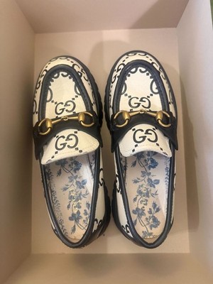Gucci Black & White Logo Leather Lug Horsebit Loafer size 7.5 Womens Platform