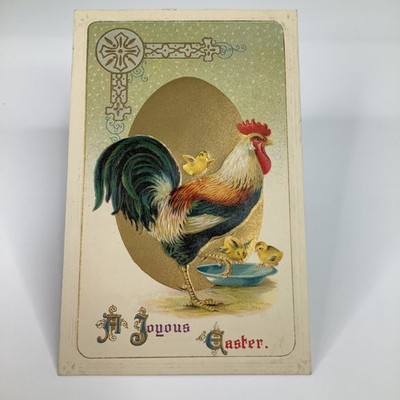 Vintage Embossed Easter Postcard Rooster Chicks Gold Glitter Germany