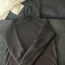 Unisex Adults Black Ribbed Knit Pullover Hoodie Long Sleeve Solid L