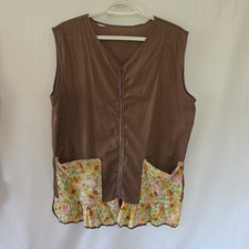 Vintage 70's Smock Kitchen Apron Brown Floral Print Zipper Front with Pockets