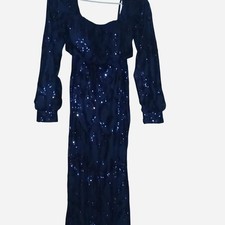 Wedding Dress Navy Blue Sequin Long Sleeve Square Neck Full-Length Size 1