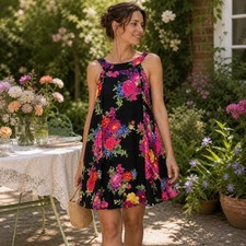 Betsey Johnson Swing Dress Womens 4 Black Pink Floral Halter Summer Party Artsy