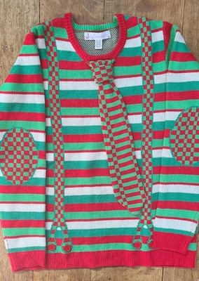 Mens Ugly Christmas Sweater XL Striped Tie Checkerboard Suspenders Elbow Patch