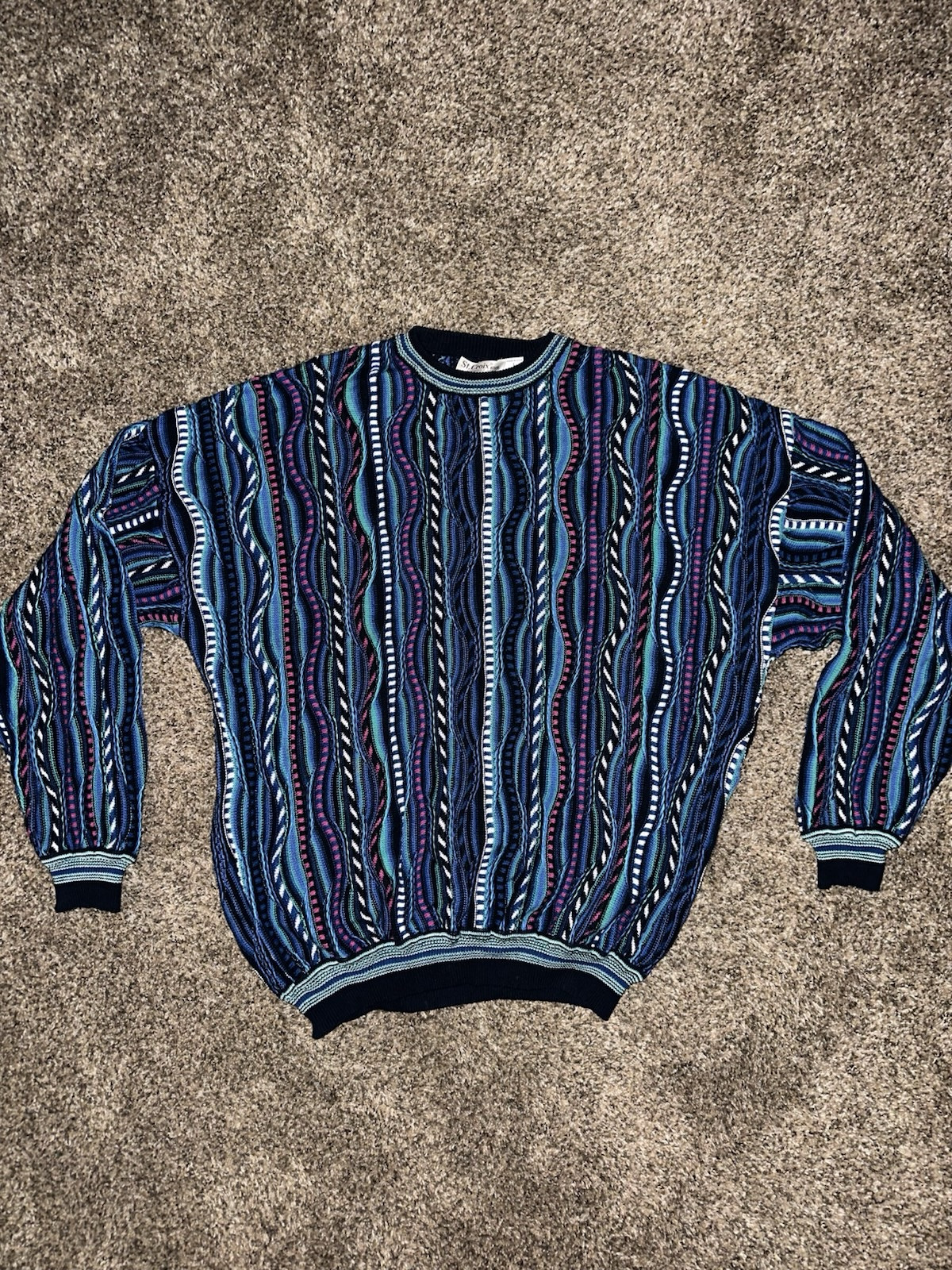 Vintage St Croix Sweater Mens Sz Large Blue Pink Textured Striped Geometric 90s