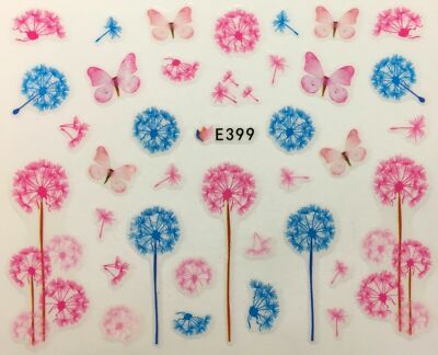 Nail Art 3D Decal Stickers Pink & Blue Dandelion & Butterflies E399