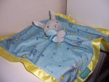 GOODNIGHT MOON Bunny Security Blanket Blankie Lovey Blue Print Yellow Satin Edge