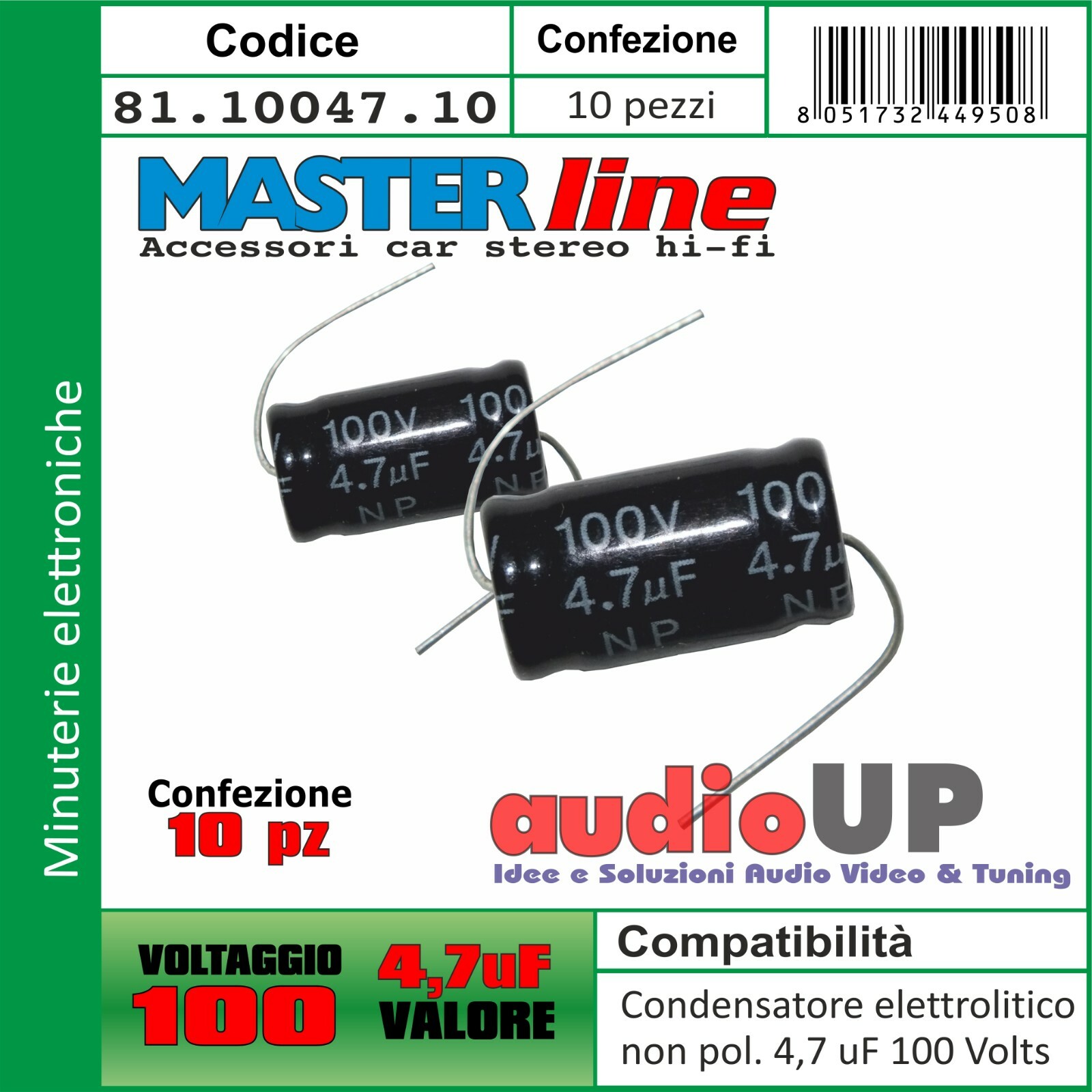 CONDENSATORI TWEETERS 4,7 uF 100 V NON POLARIZZATO. CONDENSATORI CONF. 10 PEZZI