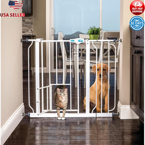 Extra Wide Walk Through Metal Dog Pet Gate W/ Small Door One Hand