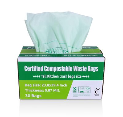 Compostable Trash Bags 13 Gallon | 30 Count Tall Kitchen Compost Bags Food Waste