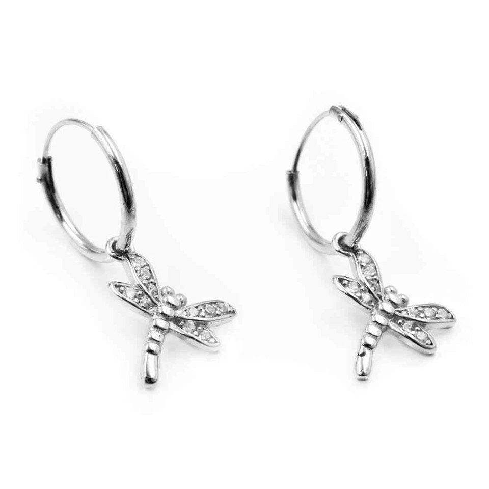 Orecchini Cerchio con Pendente Libellula in Argento Sterling 925 e Zirconi Bianc - Immagine 3 di 3