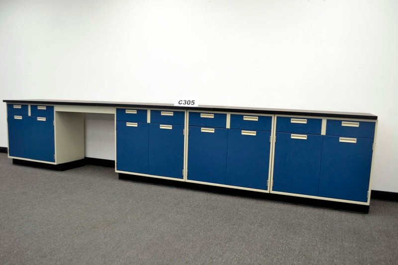 15' Laboratory Cabinet Group w/ Black Tops /  Desk Area /  E1-012 - 2