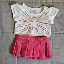 Build a Bear BAB White Sequin Star Shirt Pink Pleated Corduroy Skirt Outfit Set
