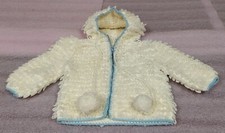 CHILD TODDLER JACKET W/ HOOD HAND MADE CROCHETED WHITE BLUE ZIPPER TRIM POM POM