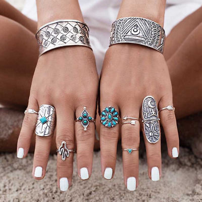 9-Piece Ring Set, Turquoise, Cactus, Bohemian Boho Hippie Style Beach  Jewelry