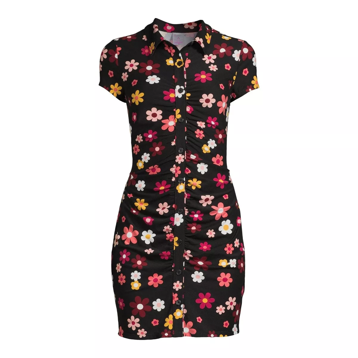 New No Boundaries Juniors Ruched Shirt Dress Black Soot Floral