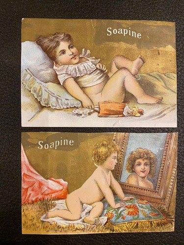 2 Beautiful Babies Golden 1800's AD Trade Cards SOAPINE Providence Rhode Island - Picture 3 of 3
