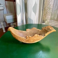 11" Primitive Carved Wide Grain Oak Wood Boat Shape Hand Carved Bowl
