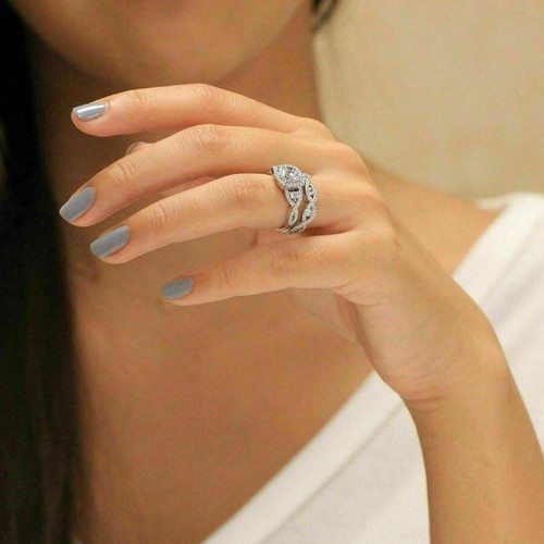 2.CT Lab Created Diamond 14K White Gold Over Engagement Wedding Bridal Ring Set - Picture 4 of 7