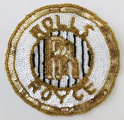 Rolls Royce Car Gold White Black Round Patch with Beads & Sequins 5.75'' Sew-on