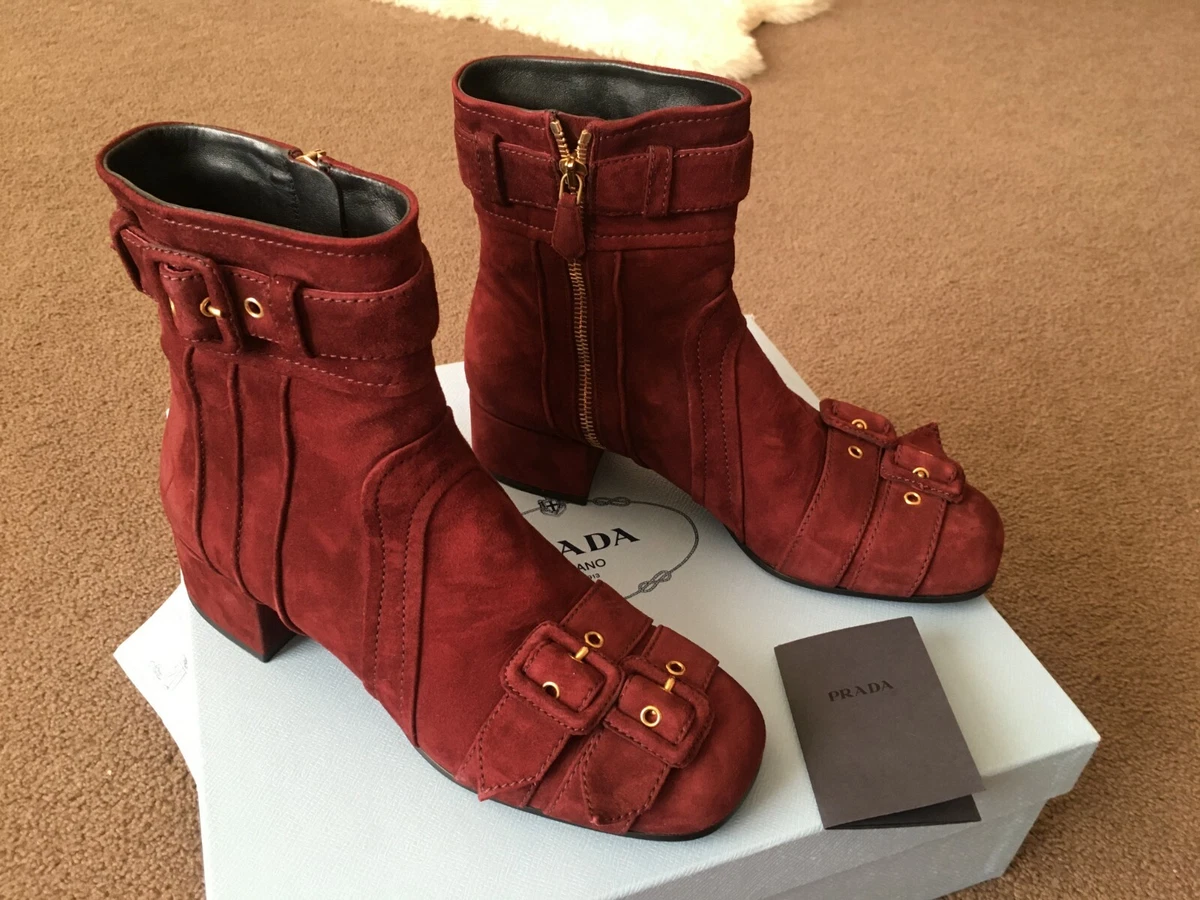AUTH PRADA SUEDE ANLKE BOOTS WITH BUCKLES Sz 38 NIB