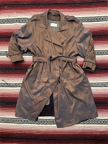 Vintage 80s Brown Iridescent Trench Coat Double Breasted Long Jacket Belted M L - Picture 2 of 21