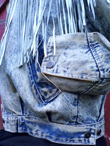 Vintage HAVOC Acid Wash Denim Jacket Leather Fringe S - Picture 4 of 6