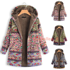 Women Retro Floral Hooded Fleece Coat Winter Long Jacket Parka Plus Size Outwear