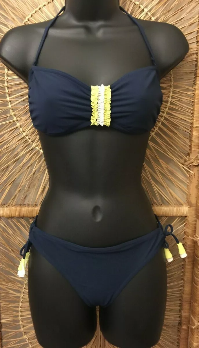 Gap Body Womens Ruched Halter Bikini Swimsuit XS Medium Navy Blue Tie Accents