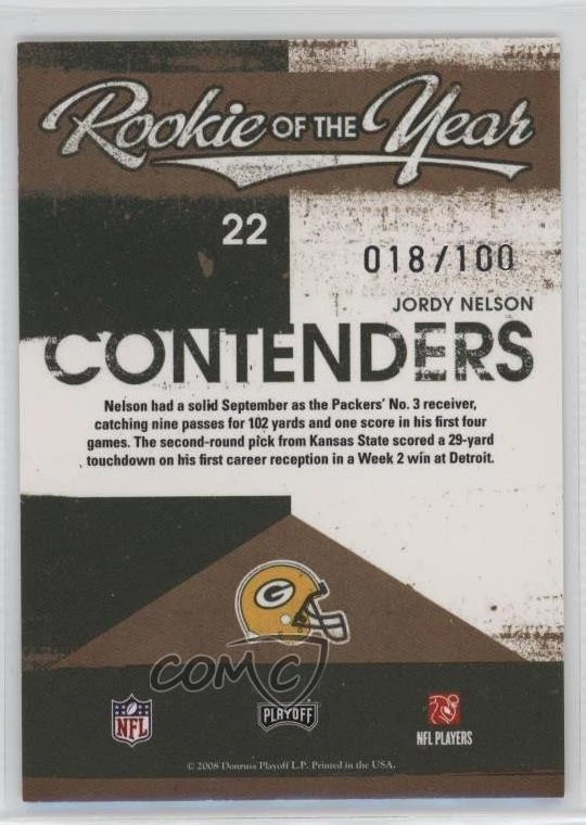 2008 Playoff Contenders Rookie of the Year Gold /100 Jordy Nelson #22 RC - Image 2 of 2
