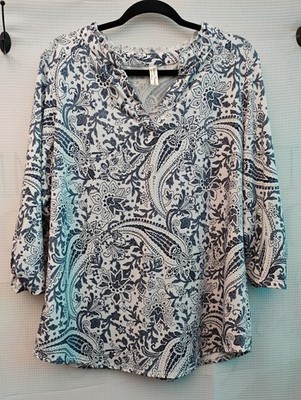 Perception Concept Women's XL Paisley Print 3/4 Sleeve V Neck Top Blouse