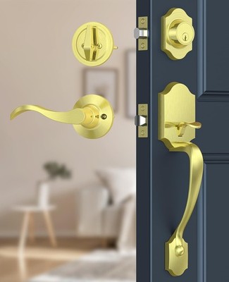 Brightify Brushed Gold Front Door Lock Set, Keyed Entry Door Handle with Dead...