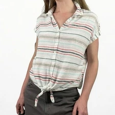 Weatherproof Vintage Colorful Striped Button Down Tie Up Washable Linen Blouse