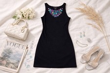 Karen Kane Black Jeweled Neck Dress M | Statement Gem Neckline | sheath stretch