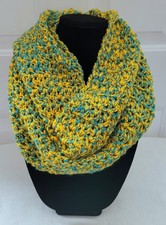 New 65" Cowl Infinity Scarf - Gold Yellow Teal V Stitch Pat. Handmade Hand Knit