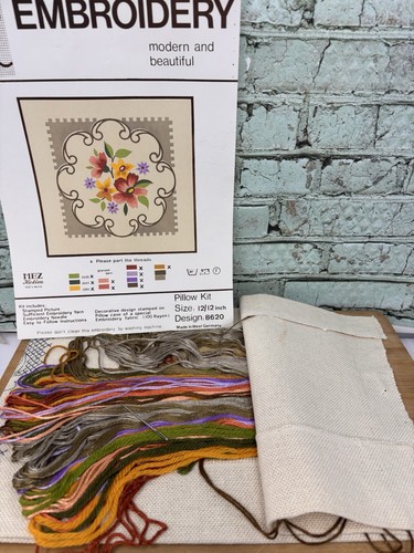 Vtg German Embroidery Floral Pillow Kit 12/12 Open Bag w/Yarn ,Stamped,Mez Kelim