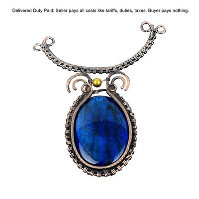 Copper Oval Blue Fire Labradorite Stone Wire Wrapped Chain Elegant New Necklace