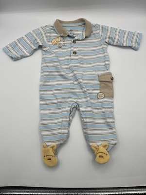 Classic Pooh Baby Footed Sleeper Newborn Blue Tan Striped Disney Winnie The Pooh