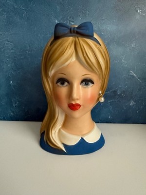 VINTAGE LADY HEAD VASE NAPCO BLONDE TEEN IN BLUE WITH BOW 7 