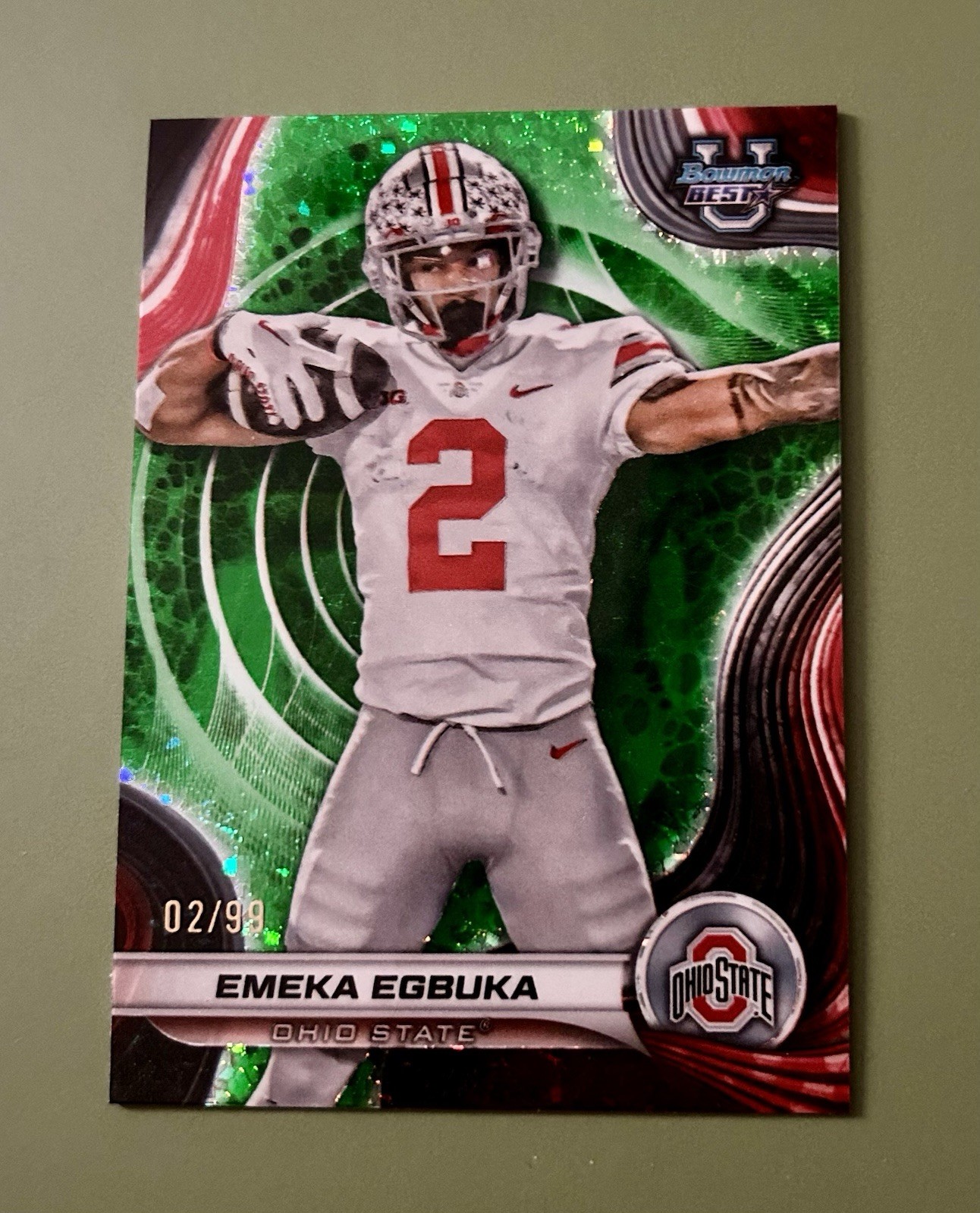 Emeka Egbuka 2024 Tops Bowman Best U #97 Ohio State-Tampa Bay Green Speckle /99