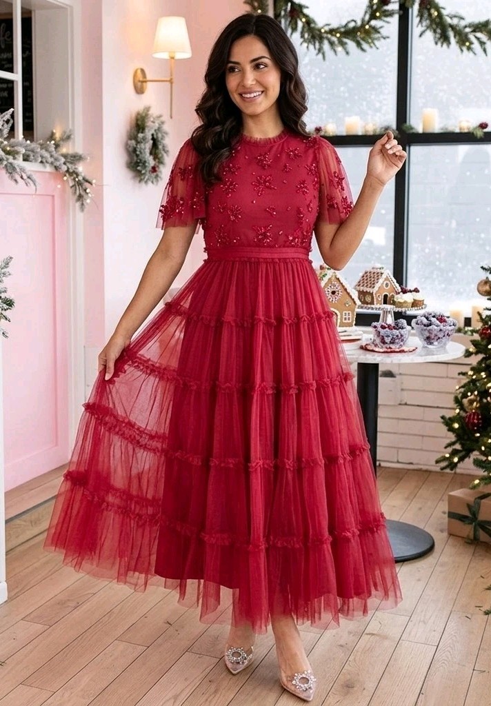 NWT Ivy City Co. Anastasia in Dark Red Embellished Tulle Ruffled