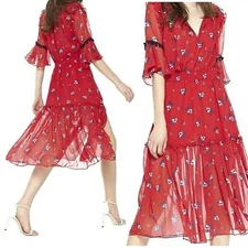 Misa Los Angeles Raquel Red Floral Midi Dress Womens XS Layered Sheer Bohemian