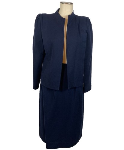 Vintage Karen Ellis dunkelblau Zweiteiler Bleistiftrock Anzug Jacke Blazer Wollmischung