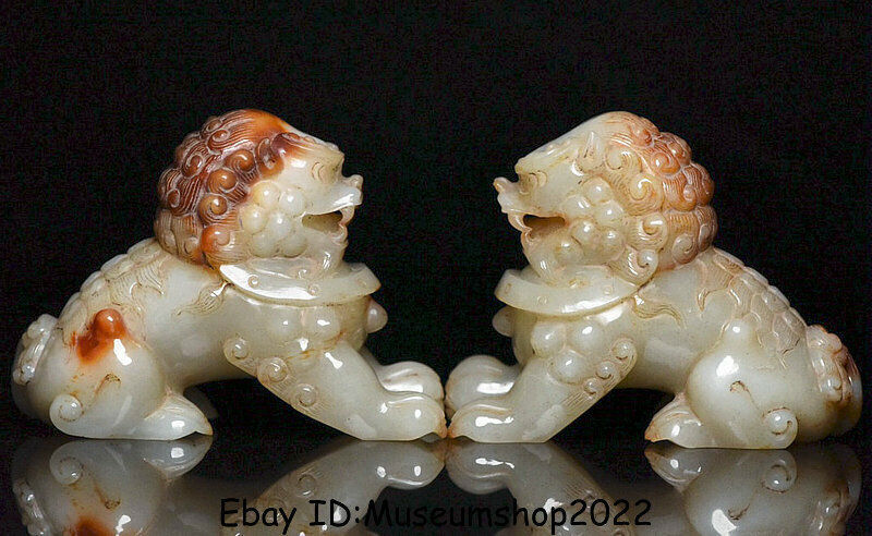 Par de estatua de león guardián perro foo fu nefrita jade hetiano natural de China de 4,8"