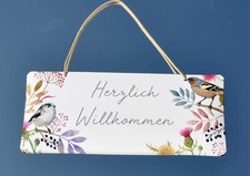 Vögel auf Zweigen - Herzlich Willkommen - Türschild, geprägtes Schild Blech