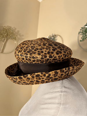 Eric Javits Tan and Brown Leopard Animal Print Straw Hat  display picture 2