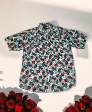 WOOLRICH Red Blue ROSES Floral Button Up Shirt Short Sleeve Women's Size Medium 
