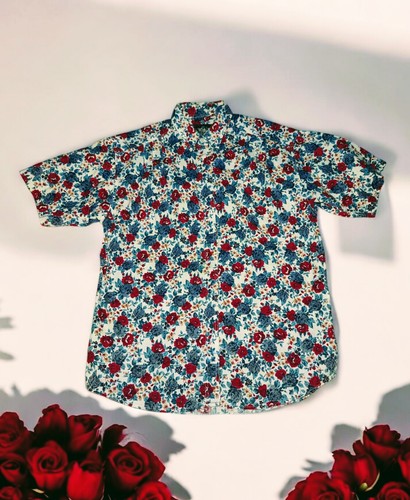 WOOLRICH Red Blue ROSES Floral Button Up Shirt Short Sleeve Women's ...